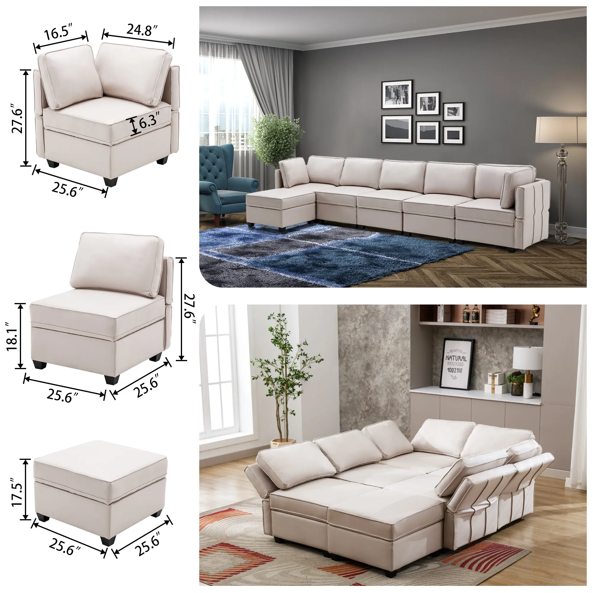 6-Seater Modular Sectional Sofa Reversible Sofa with Storage and Adjustable Backrest, Beige