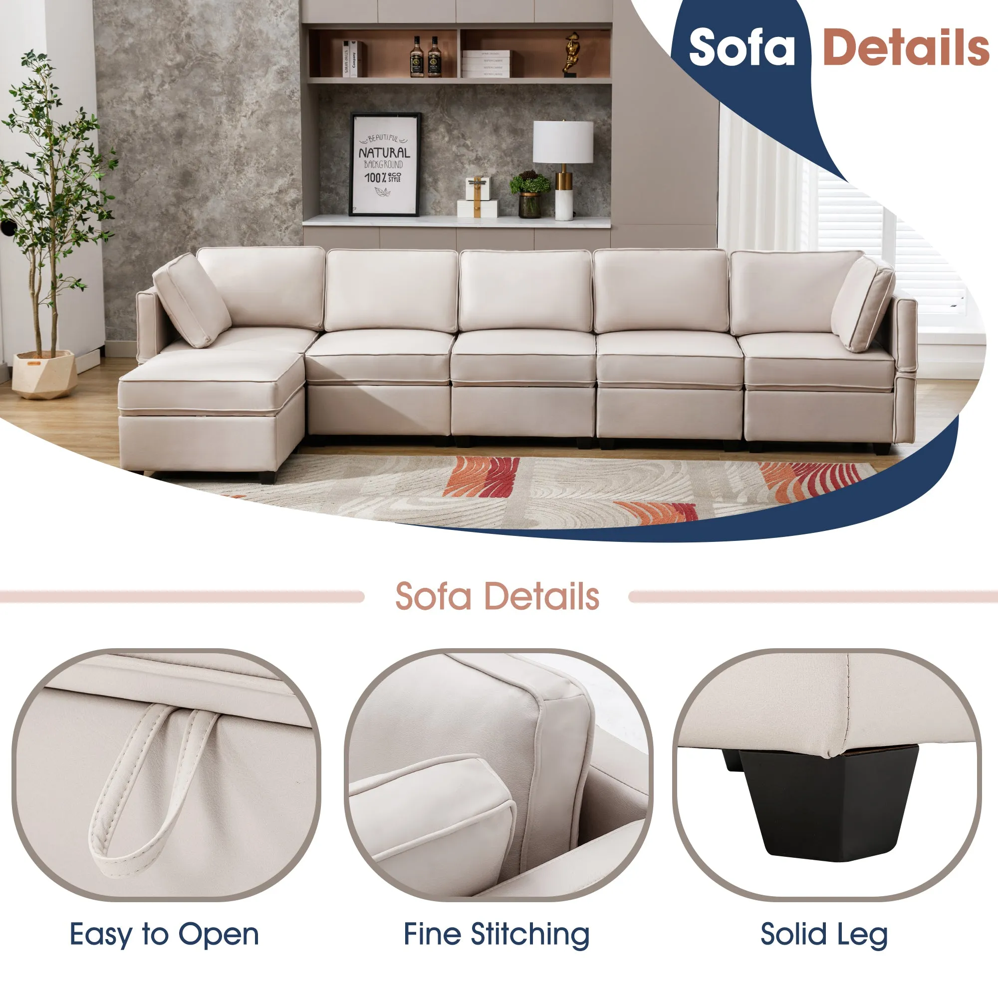 6-Seater Modular Sectional Sofa Reversible Sofa with Storage and Adjustable Backrest, Beige