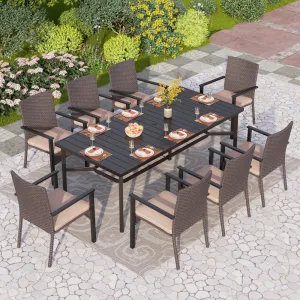9-Piece Outdoor Dining Set with Brown Rattan Dining Chair for Deck and Patio-Phi Villa