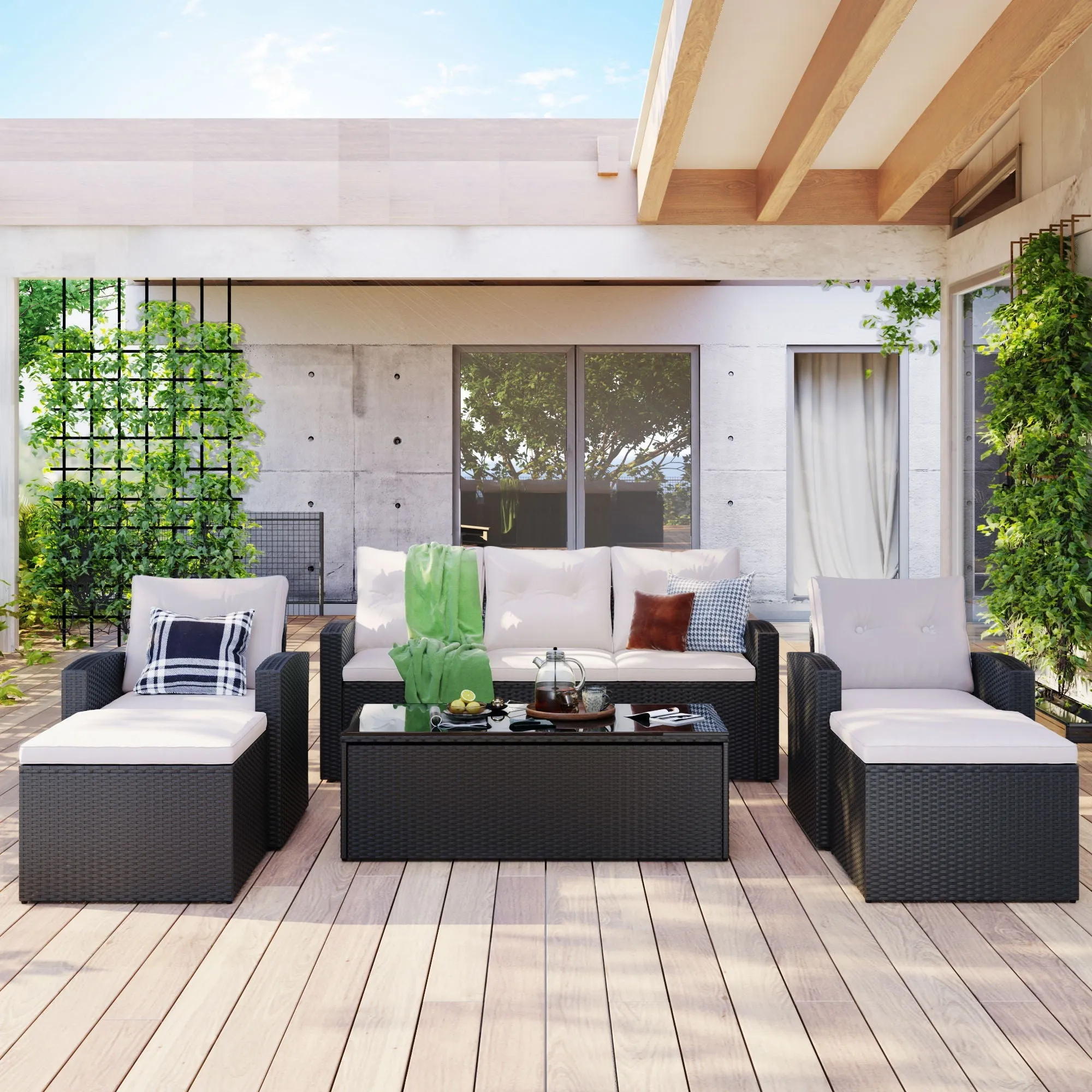 All-Weather Wicker PE Rattan Patio Outdoor Dining Conversation Sectional Set With Coffee Table, Wicker Sofas, Ottomans, Removable Cushions by Couch.com