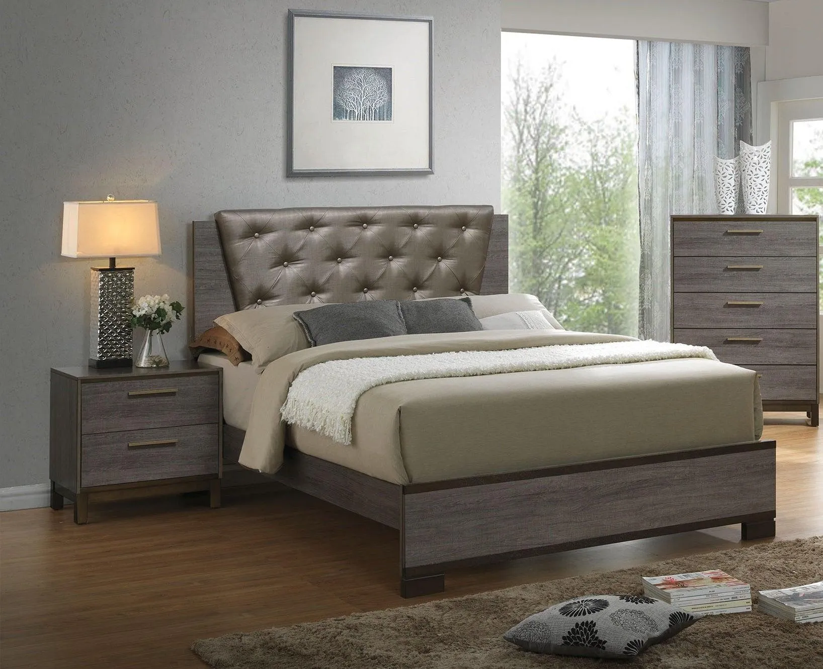 Contemporary 1pc Nightstand, Two-Tone Antique Gray, Metal Glides, Brass Pulls