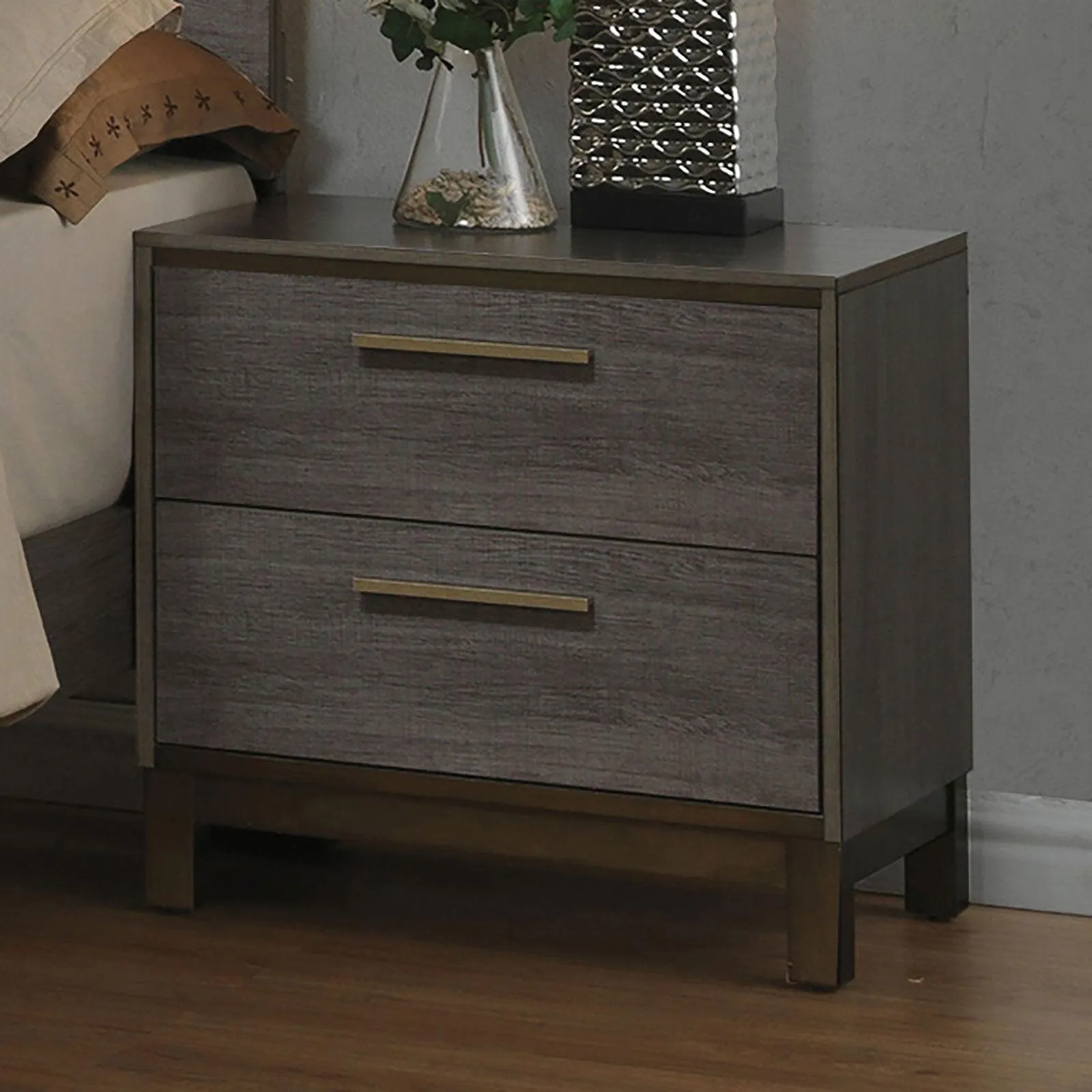 Contemporary 1pc Nightstand, Two-Tone Antique Gray, Metal Glides, Brass Pulls
