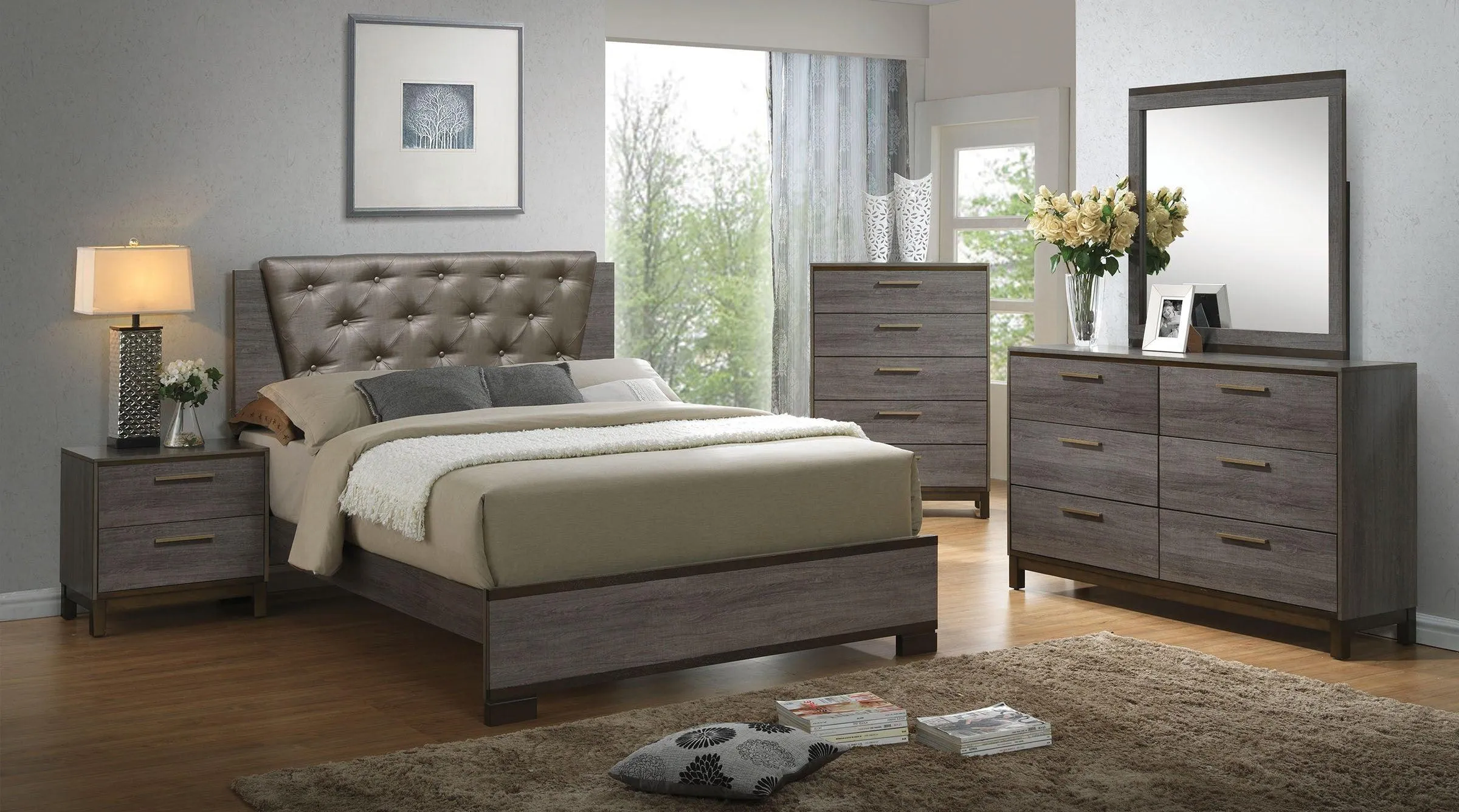 Contemporary 1pc Nightstand, Two-Tone Antique Gray, Metal Glides, Brass Pulls