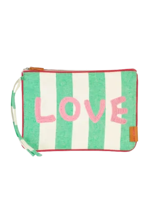 Green Stripe Pouch with Crochet Applique