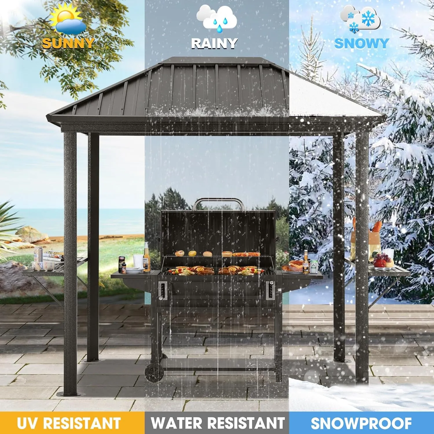 Grill Hardtop Gazebo 6X8 - Outdoor Metal Hard Top Gazebo, Permanent Galvanized Steel BBQ Gazebo Aluminum Framed Pavilion with Shelves for Patio Backyard Lawn Garden (Single Roof, Dark Brown)