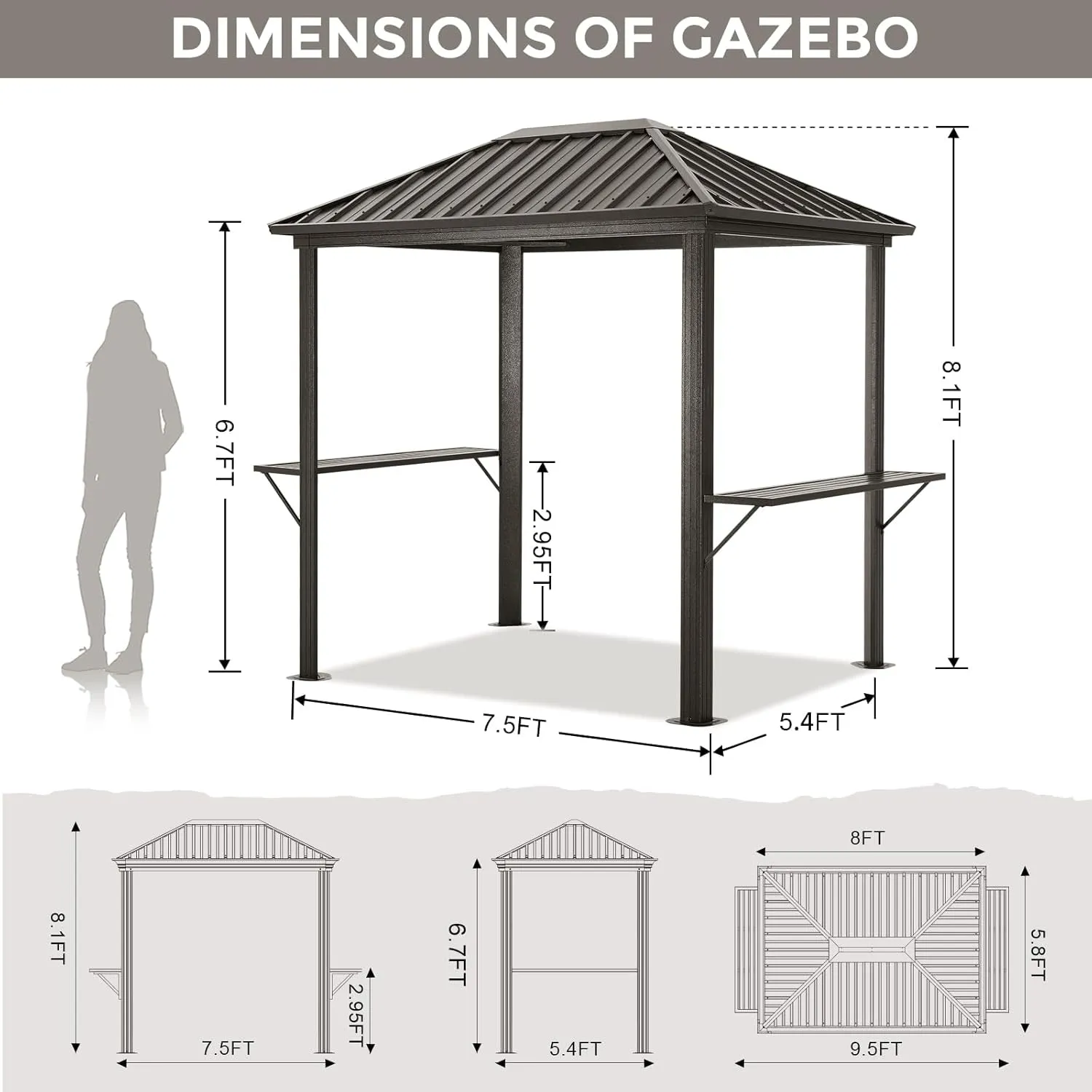 Grill Hardtop Gazebo 6X8 - Outdoor Metal Hard Top Gazebo, Permanent Galvanized Steel BBQ Gazebo Aluminum Framed Pavilion with Shelves for Patio Backyard Lawn Garden (Single Roof, Dark Brown)