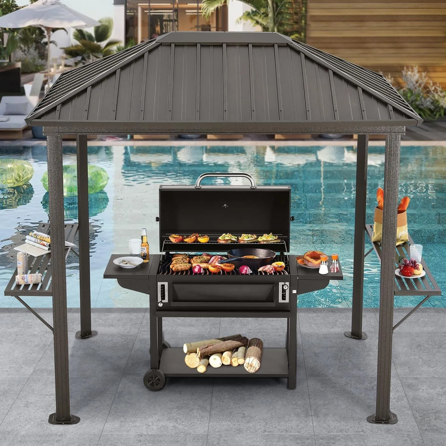 Grill Hardtop Gazebo 6X8 - Outdoor Metal Hard Top Gazebo, Permanent Galvanized Steel BBQ Gazebo Aluminum Framed Pavilion with Shelves for Patio Backyard Lawn Garden (Single Roof, Dark Brown)