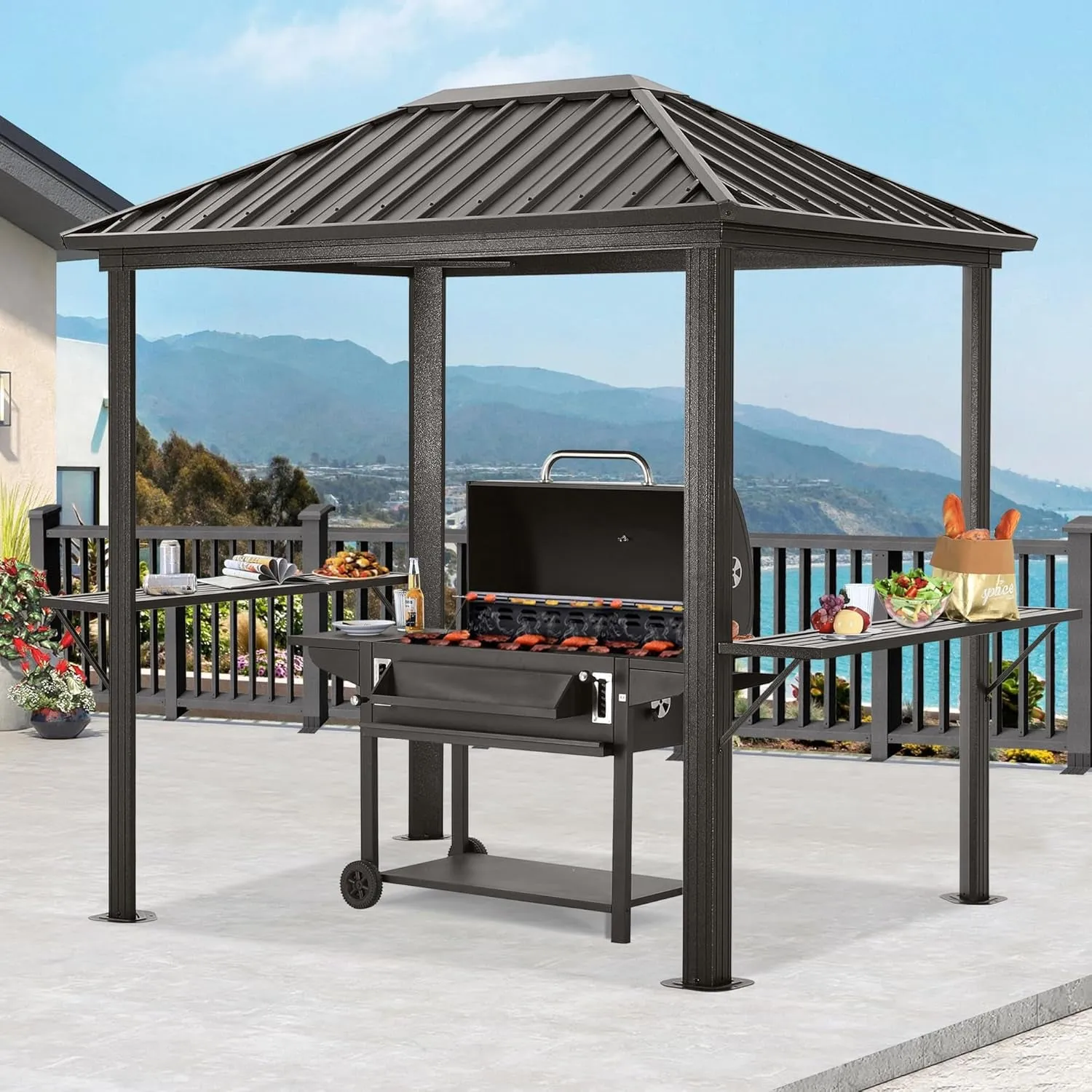 Grill Hardtop Gazebo 6X8 - Outdoor Metal Hard Top Gazebo, Permanent Galvanized Steel BBQ Gazebo Aluminum Framed Pavilion with Shelves for Patio Backyard Lawn Garden (Single Roof, Dark Brown)