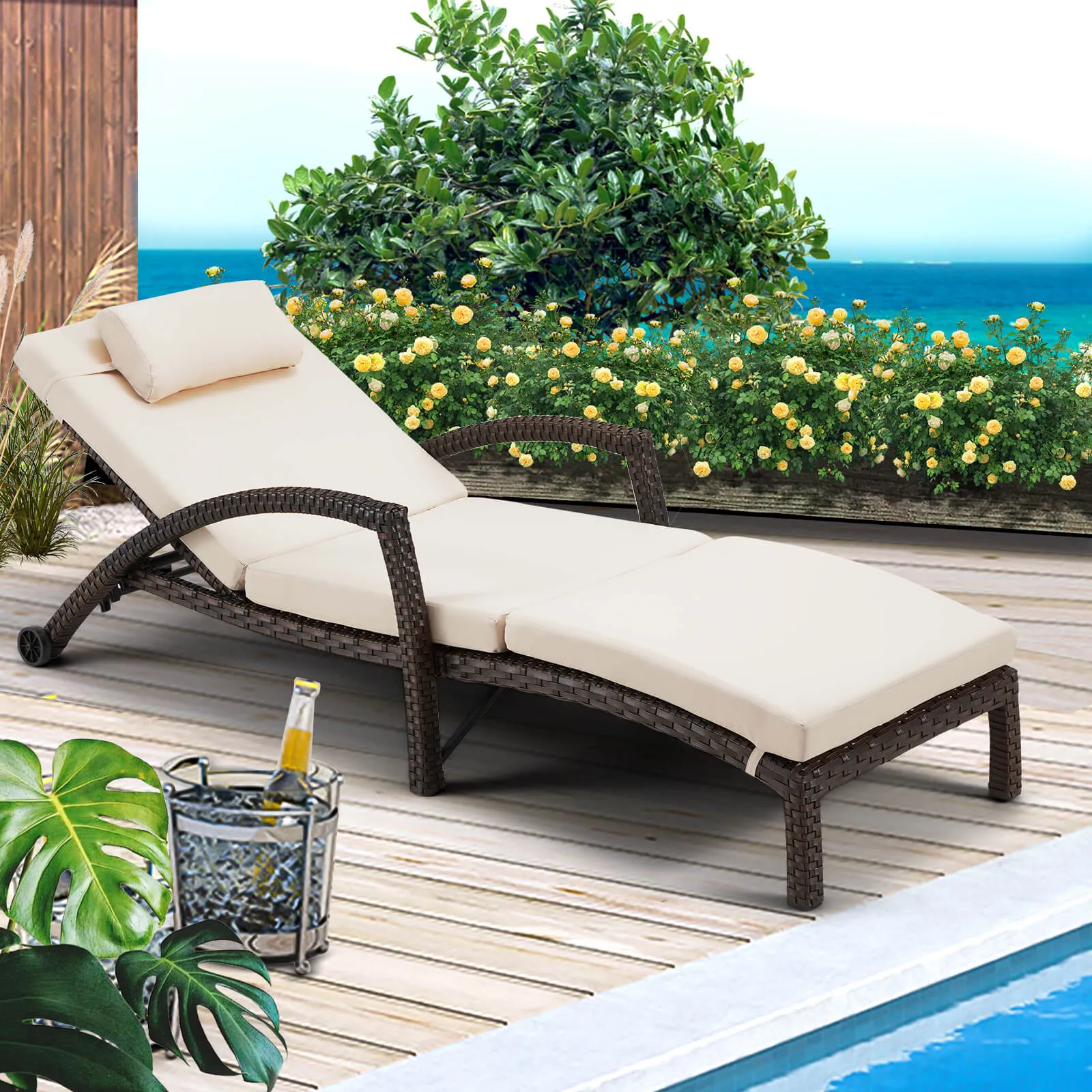 HOMREST Patio Lounge Chair Outdoor Set of 2, Wicker Tanning Chairs with Wheels, Headpillow, Ergonomic Arms & Cushion for Poolside Beach (Khaki)