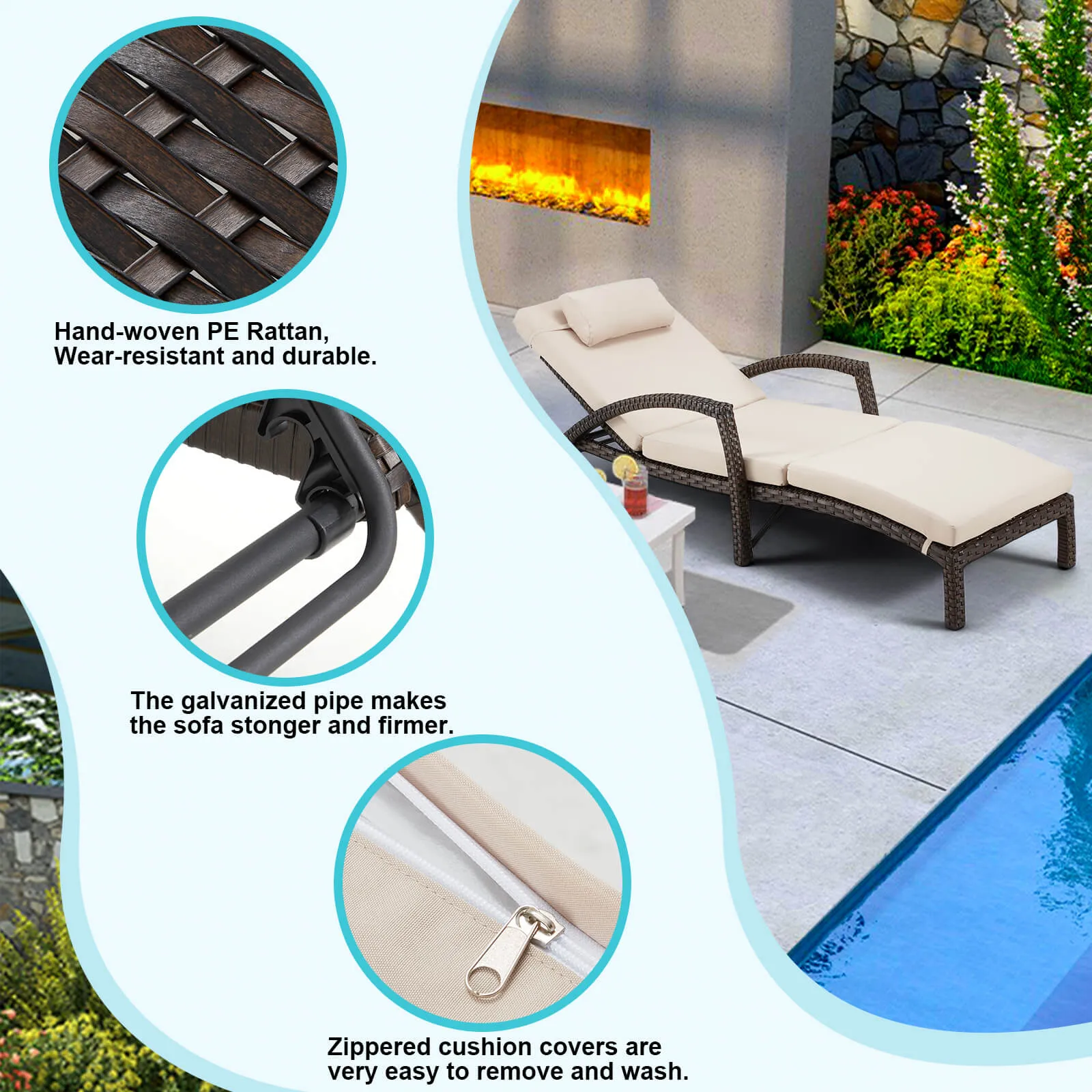 HOMREST Patio Lounge Chair Outdoor Set of 2, Wicker Tanning Chairs with Wheels, Headpillow, Ergonomic Arms & Cushion for Poolside Beach (Khaki)