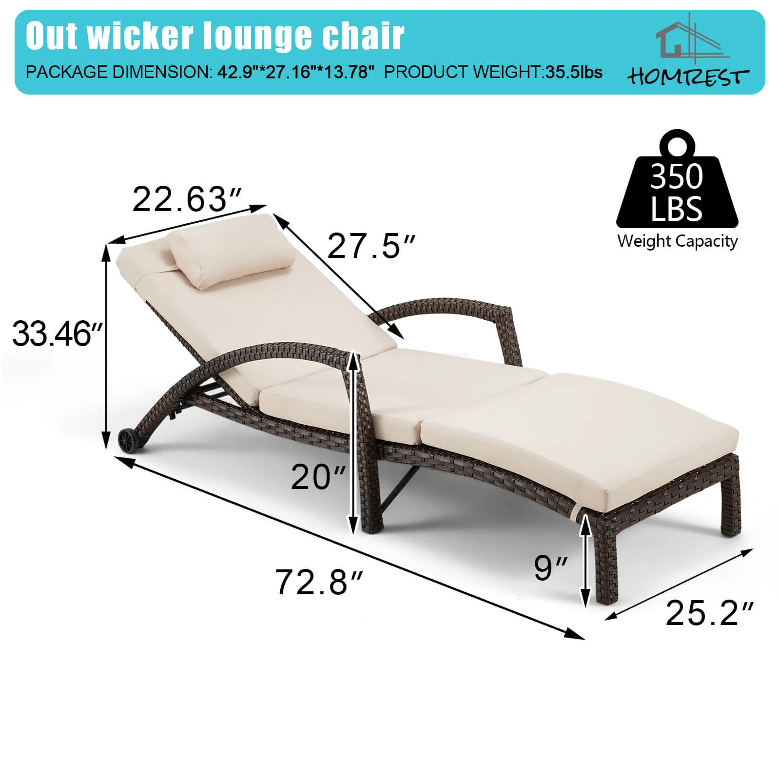 HOMREST Patio Lounge Chair Outdoor Set of 2, Wicker Tanning Chairs with Wheels, Headpillow, Ergonomic Arms & Cushion for Poolside Beach (Khaki)