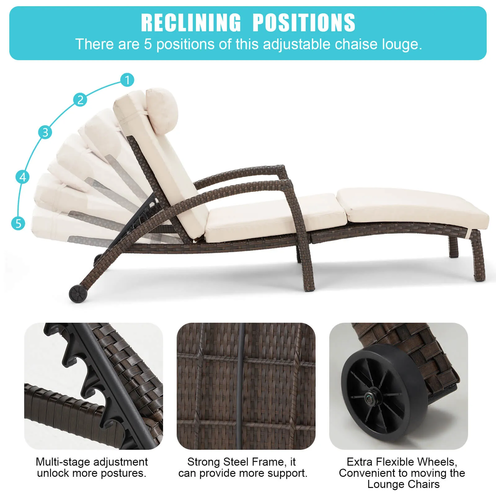 HOMREST Patio Lounge Chair Outdoor Set of 2, Wicker Tanning Chairs with Wheels, Headpillow, Ergonomic Arms & Cushion for Poolside Beach (Khaki)
