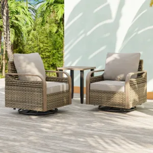 Modern Wicker Outdoor 3 Piece Wicker Swivel Rocking Chairs & Side Table, Brown/Gray