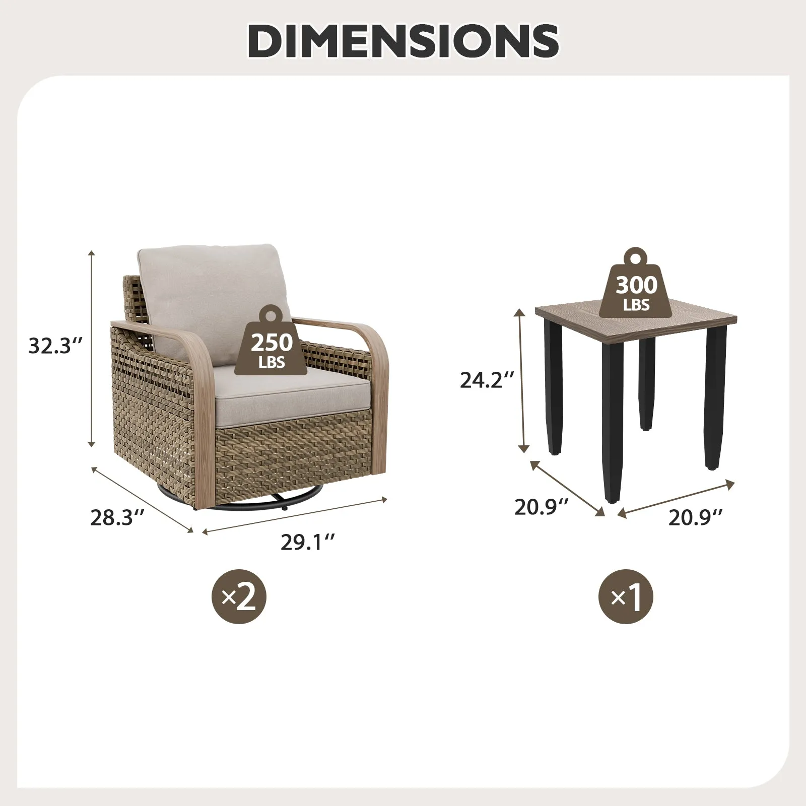 Modern Wicker Outdoor 3 Piece Wicker Swivel Rocking Chairs & Side Table, Brown/Gray