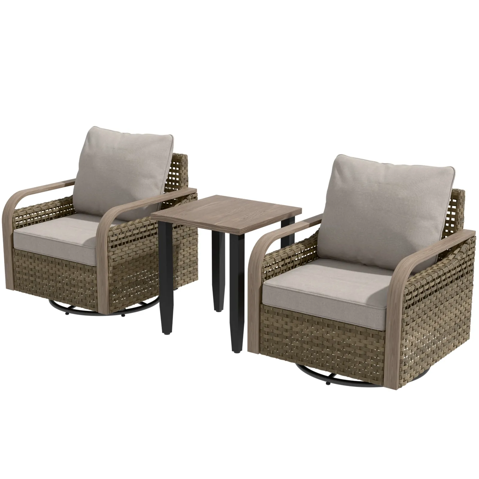 Modern Wicker Outdoor 3 Piece Wicker Swivel Rocking Chairs & Side Table, Brown/Gray