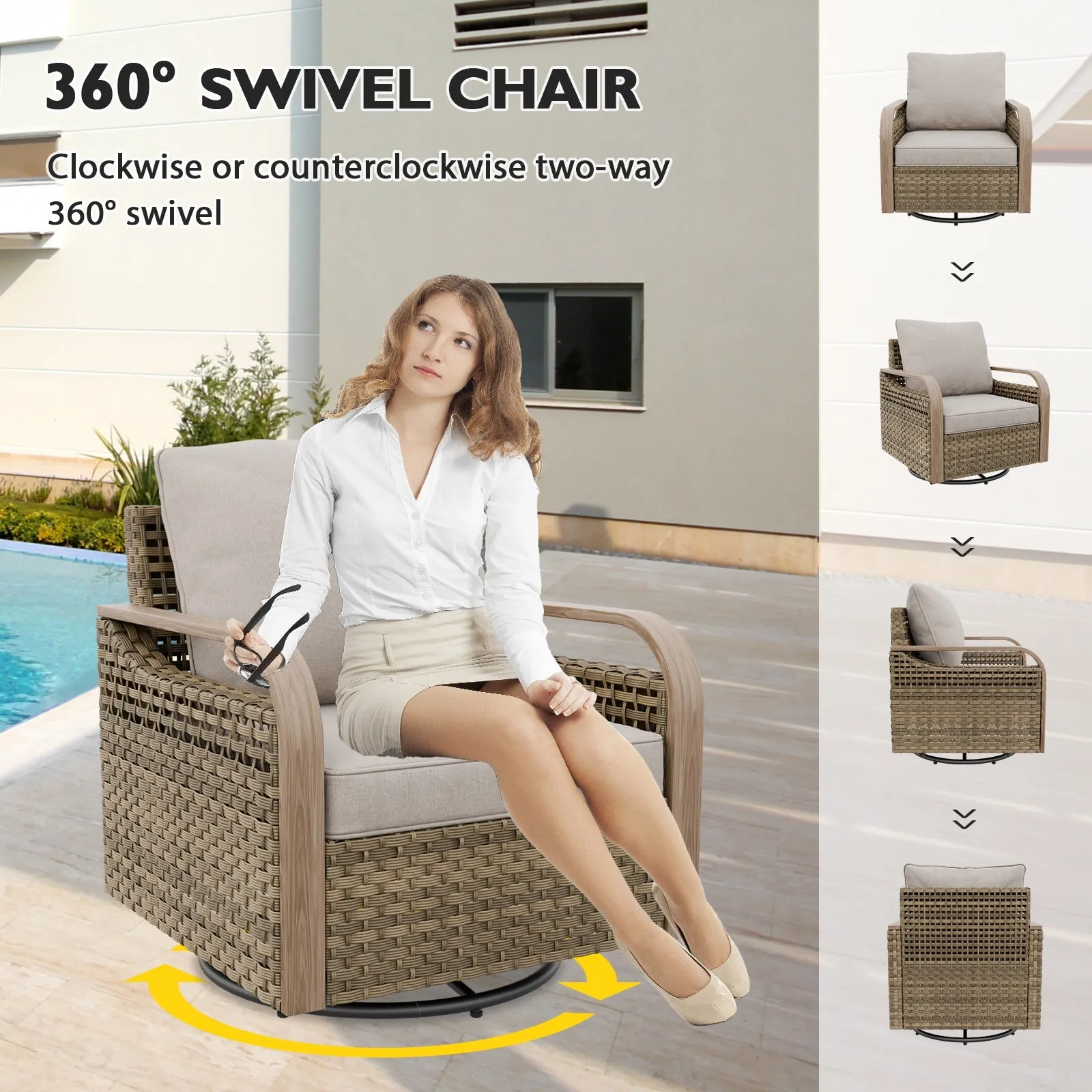 Modern Wicker Outdoor 3 Piece Wicker Swivel Rocking Chairs & Side Table, Brown/Gray