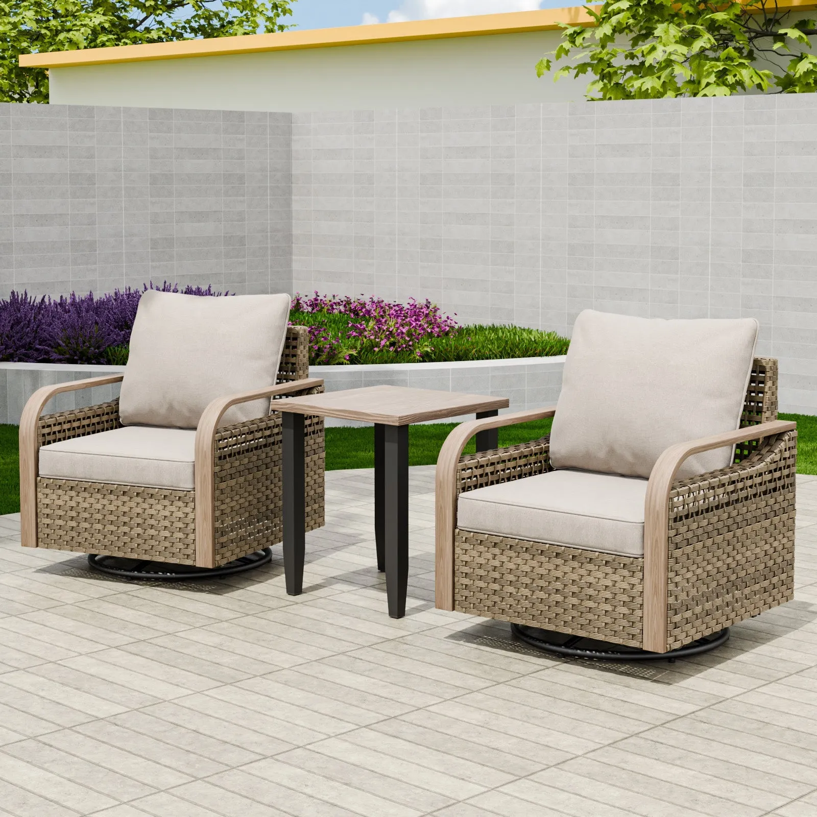 Modern Wicker Outdoor 3 Piece Wicker Swivel Rocking Chairs & Side Table, Brown/Gray