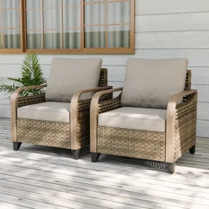 Modern Wicker Outdoor Chair, Patio Chair Curved Armrest, 2 Chairs, Brown/Gray