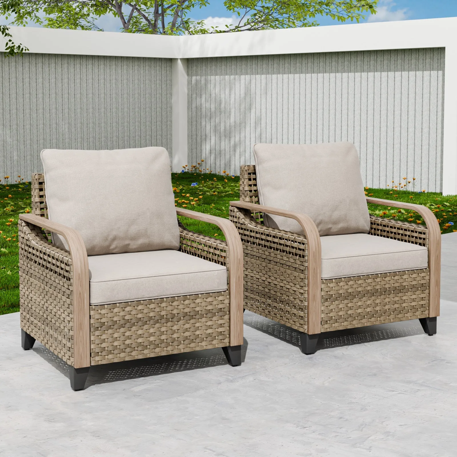 Modern Wicker Outdoor Chair, Patio Chair Curved Armrest, 2 Chairs, Brown/Gray