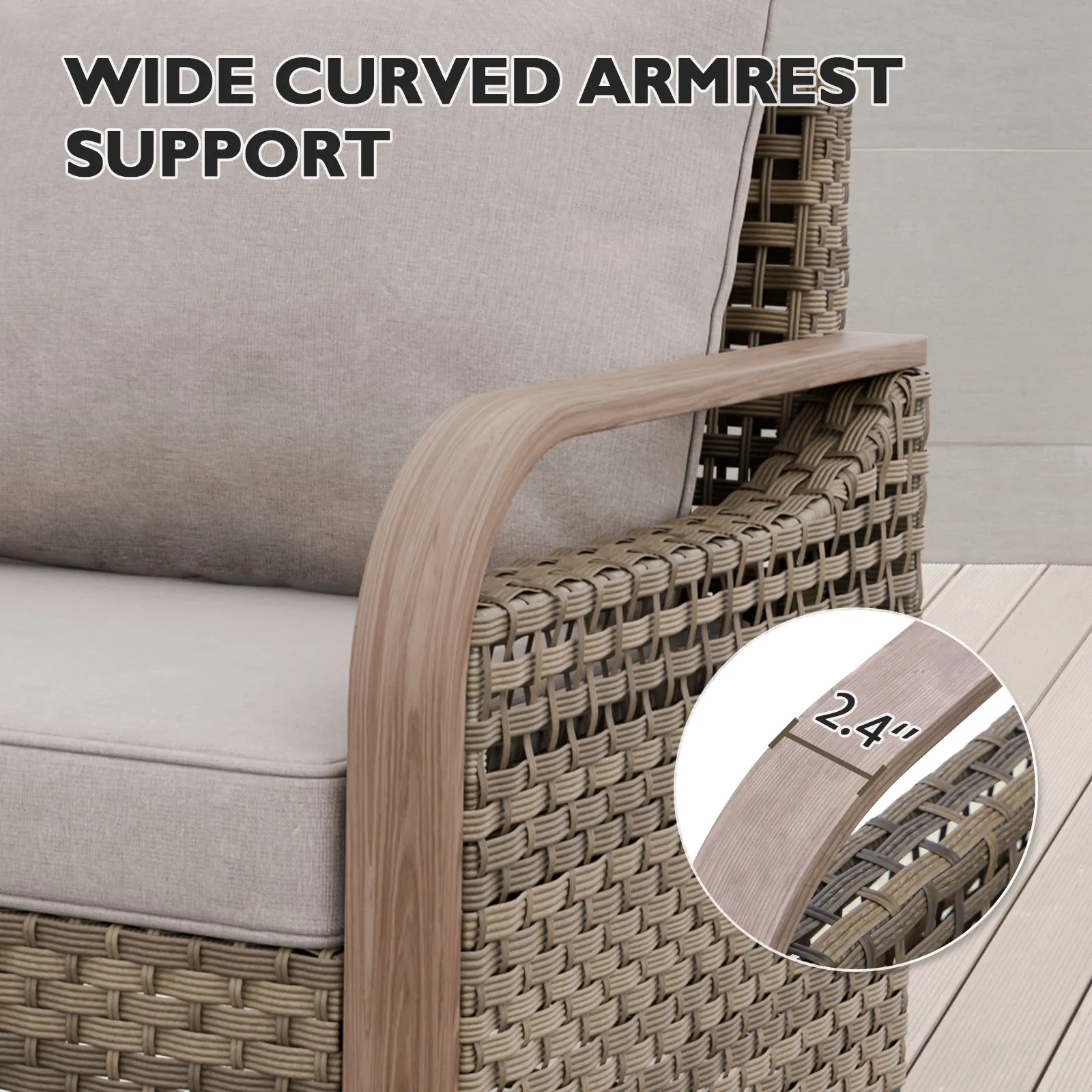 Modern Wicker Outdoor Chair, Patio Chair Curved Armrest, 2 Chairs, Brown/Gray