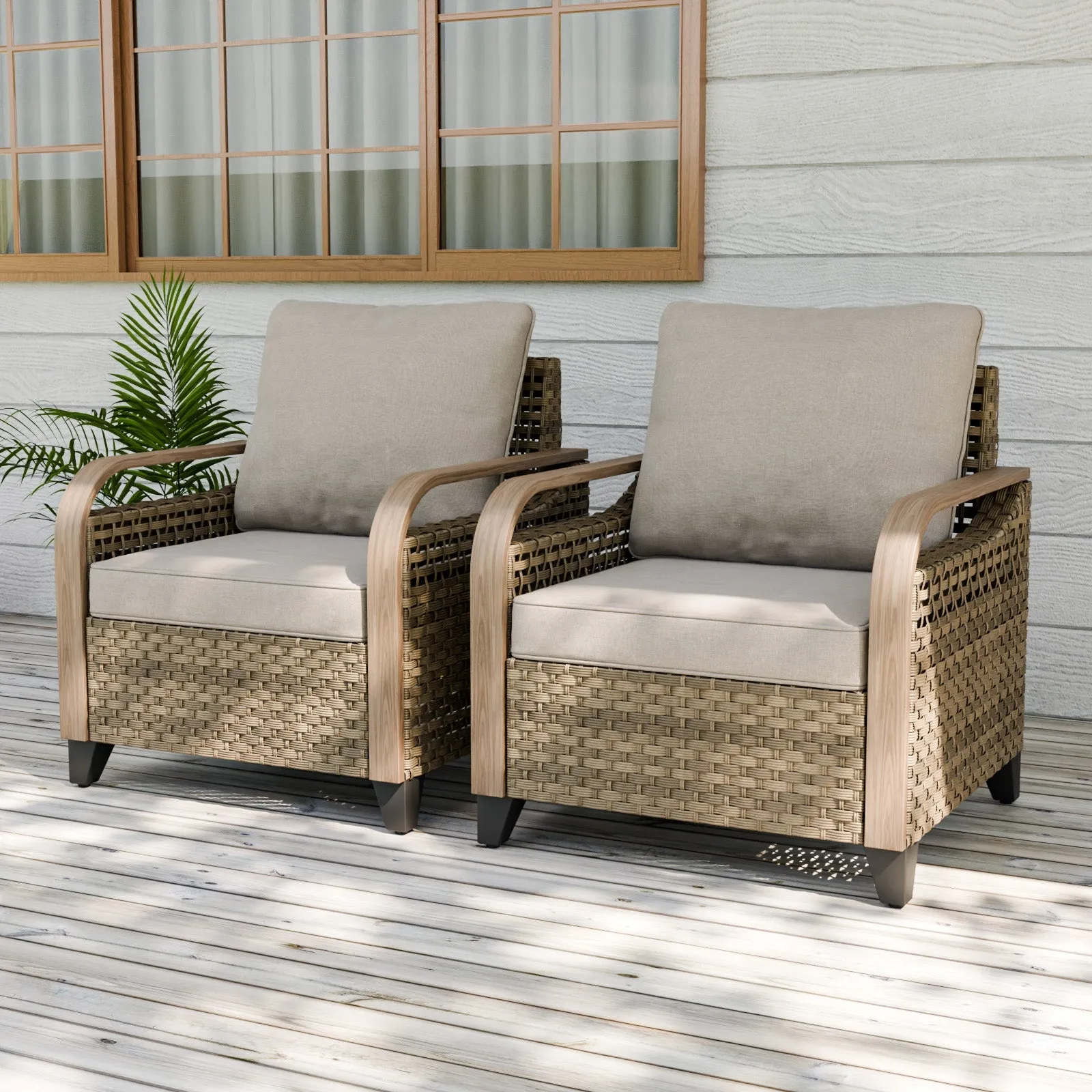 Modern Wicker Outdoor Chair, Patio Chair Curved Armrest, 2 Chairs, Brown/Gray