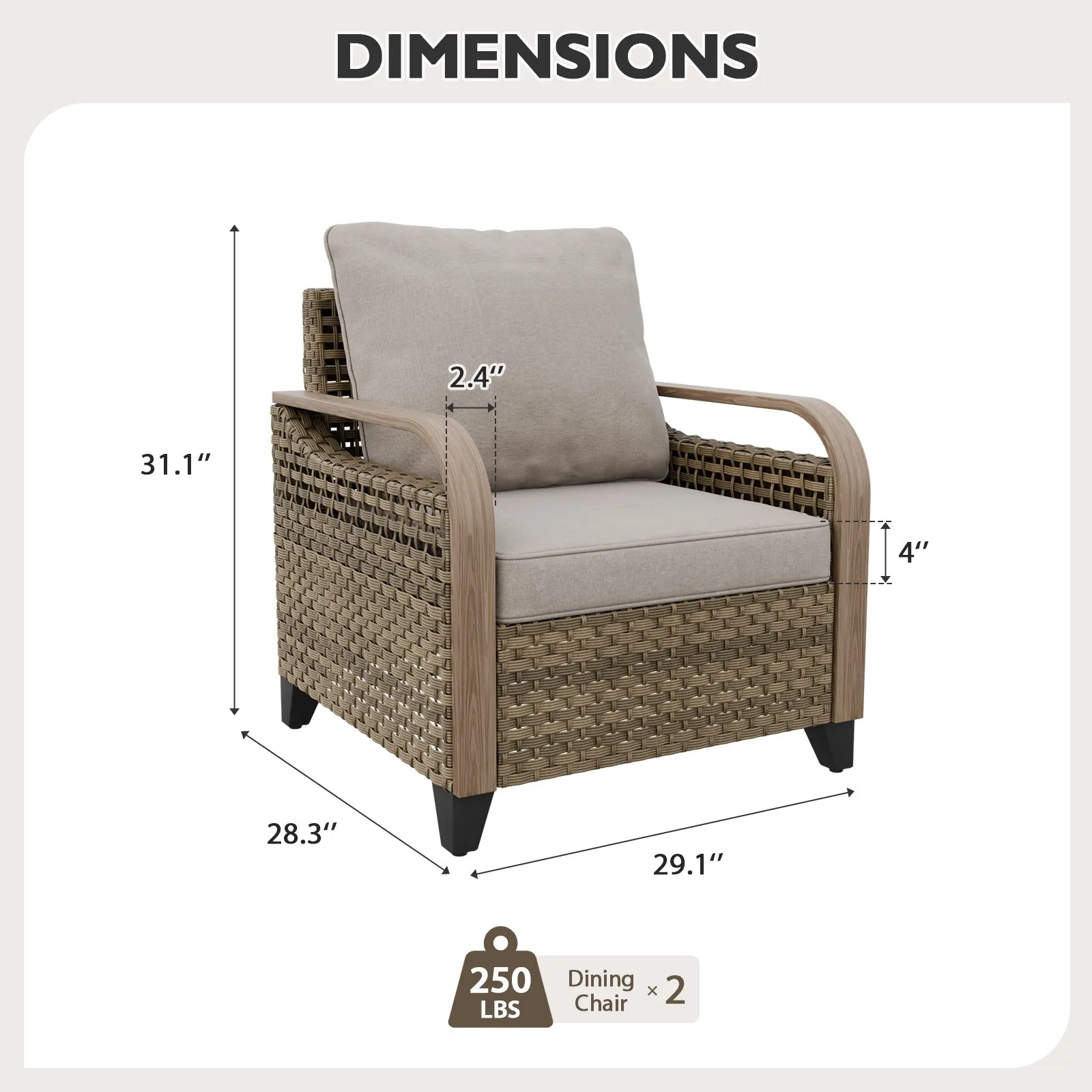 Modern Wicker Outdoor Chair, Patio Chair Curved Armrest, 2 Chairs, Brown/Gray