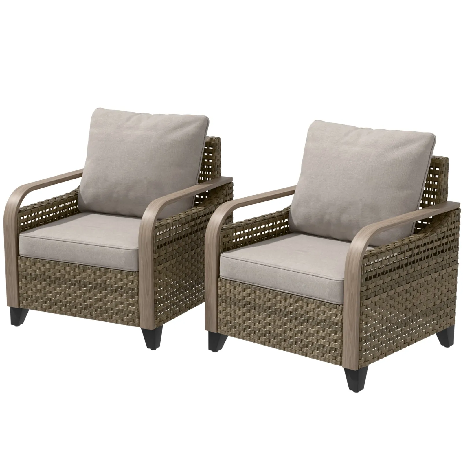 Modern Wicker Outdoor Chair, Patio Chair Curved Armrest, 2 Chairs, Brown/Gray