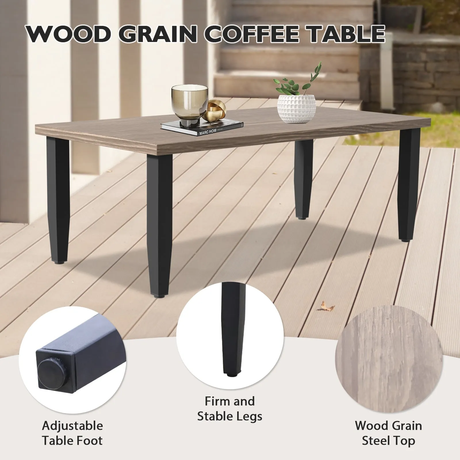 Modern Wicker Outdoor Furniture Set, 2 Patio Chairs, 2-Seat Loveseat, 2 Ottomans and Coffee Table, 6 Pieces, Brown/Gray