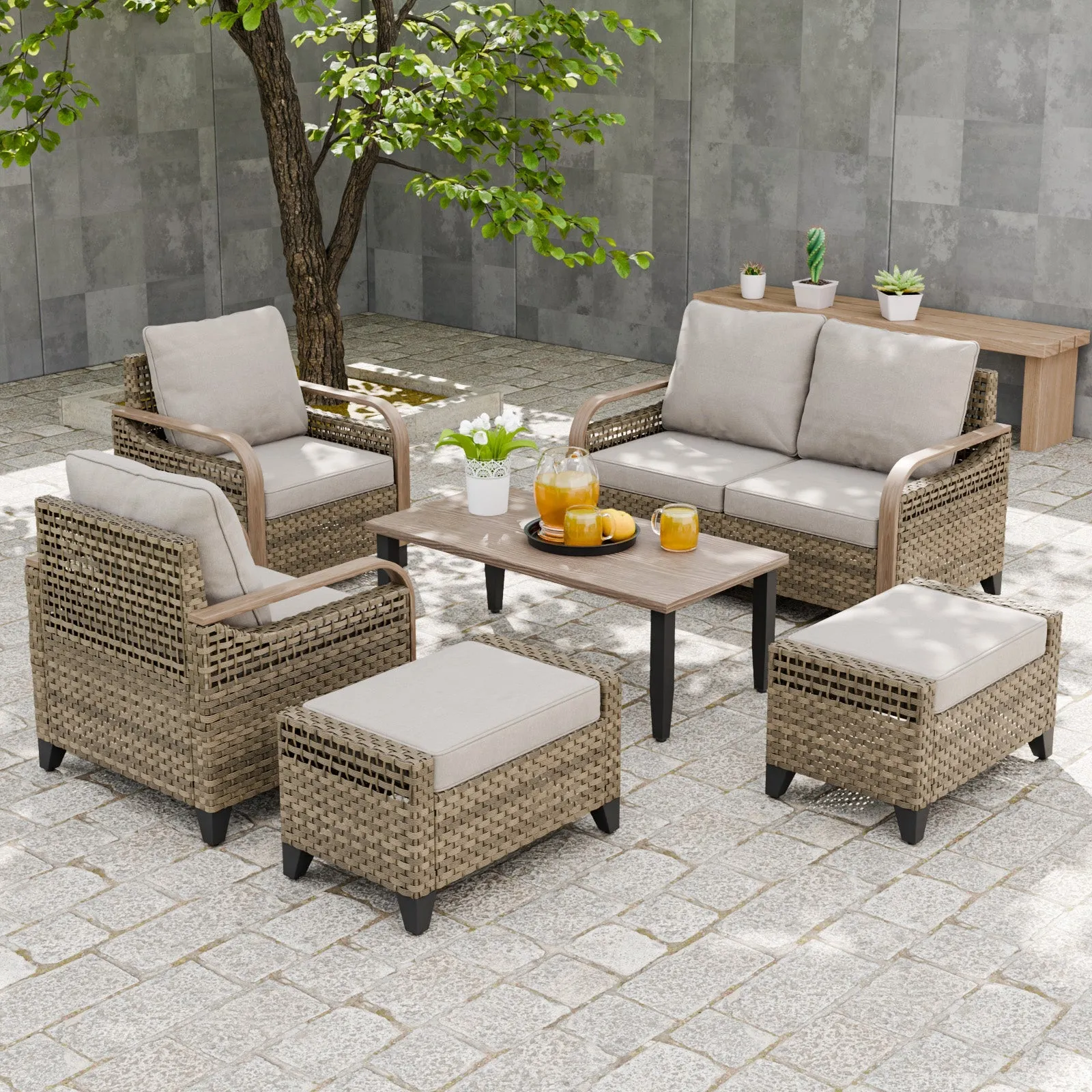 Modern Wicker Outdoor Furniture Set, 2 Patio Chairs, 2-Seat Loveseat, 2 Ottomans and Coffee Table, 6 Pieces, Brown/Gray