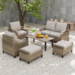 Modern Wicker Outdoor Furniture Set, 2 Patio Chairs, 2-Seat Loveseat, 2 Ottomans and Coffee Table, 6 Pieces, Brown/Gray