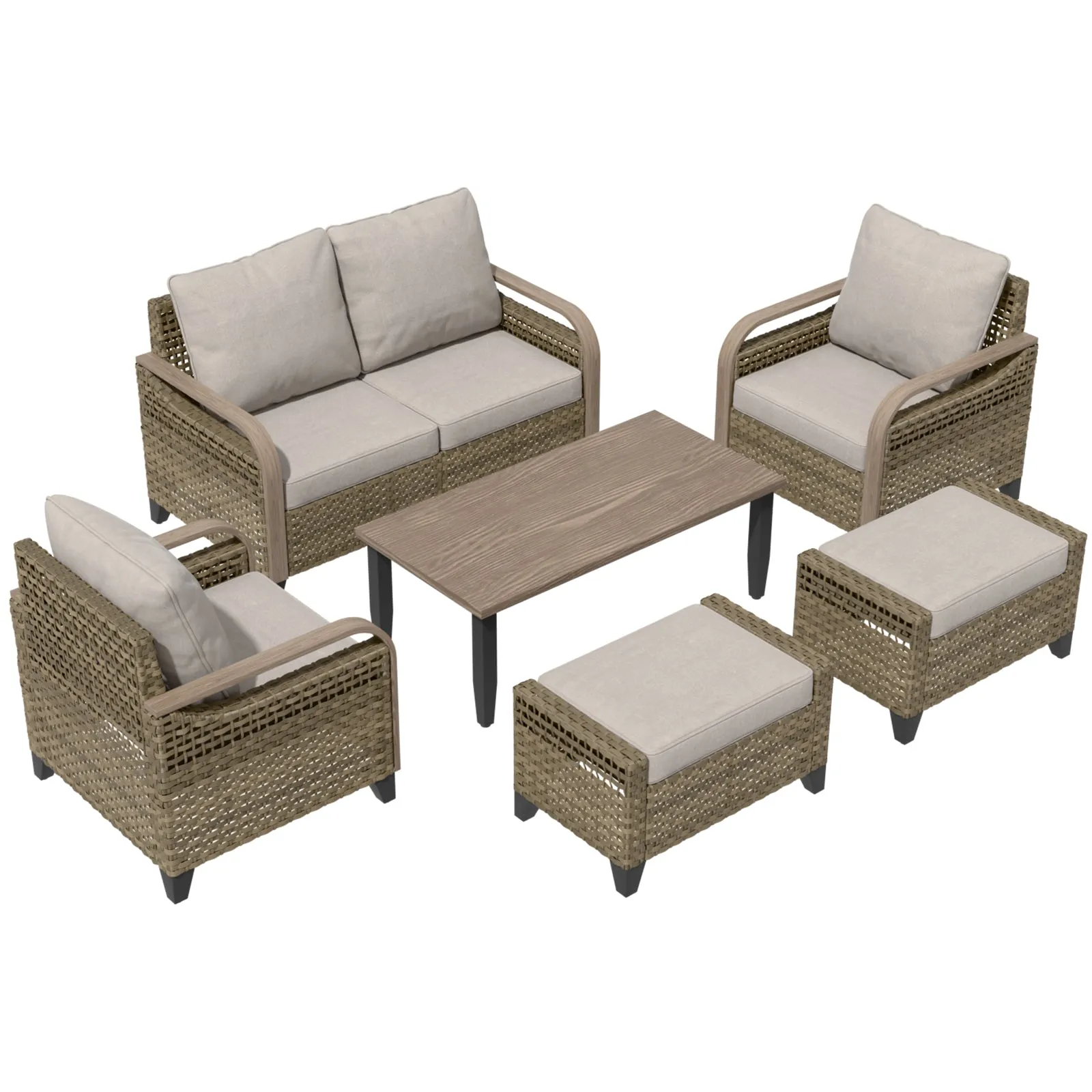 Modern Wicker Outdoor Furniture Set, 2 Patio Chairs, 2-Seat Loveseat, 2 Ottomans and Coffee Table, 6 Pieces, Brown/Gray