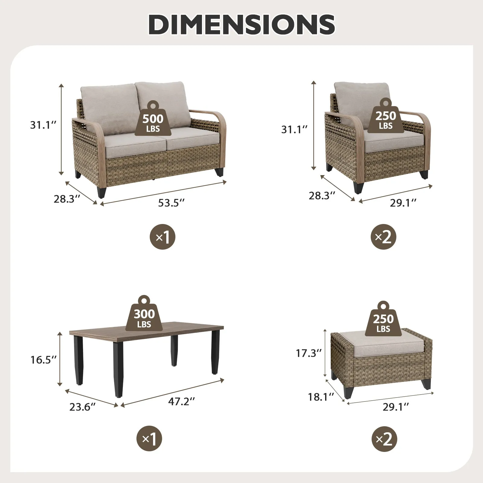 Modern Wicker Outdoor Furniture Set, 2 Patio Chairs, 2-Seat Loveseat, 2 Ottomans and Coffee Table, 6 Pieces, Brown/Gray