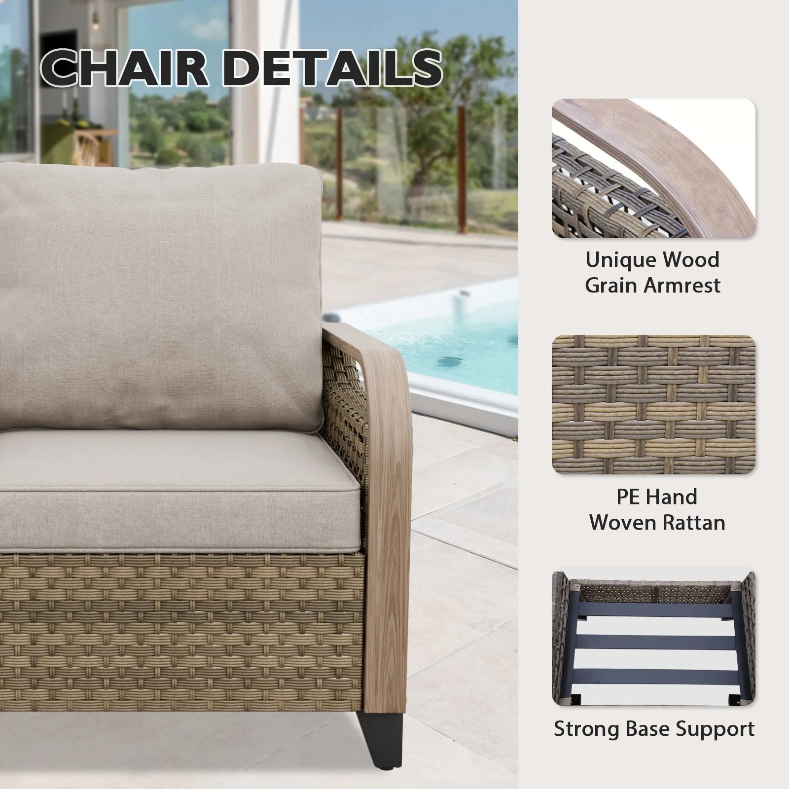 Modern Wicker Outdoor Furniture Set, 2 Patio Chairs, 2-Seat Loveseat, 2 Ottomans and Coffee Table, 6 Pieces, Brown/Gray