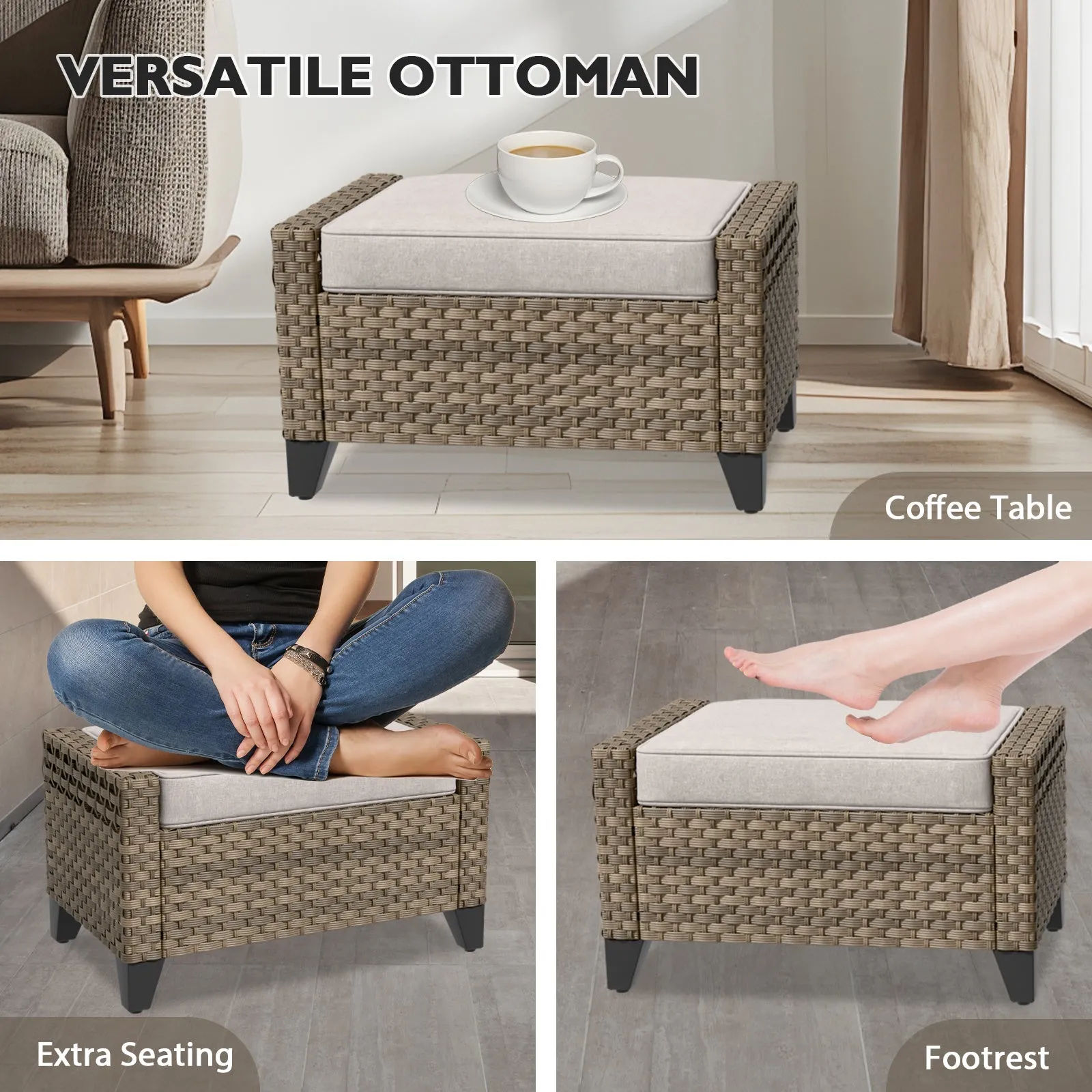 Modern Wicker Outdoor Furniture Set, 2 Patio Chairs, 2-Seat Loveseat, 2 Ottomans and Coffee Table, 6 Pieces, Brown/Gray