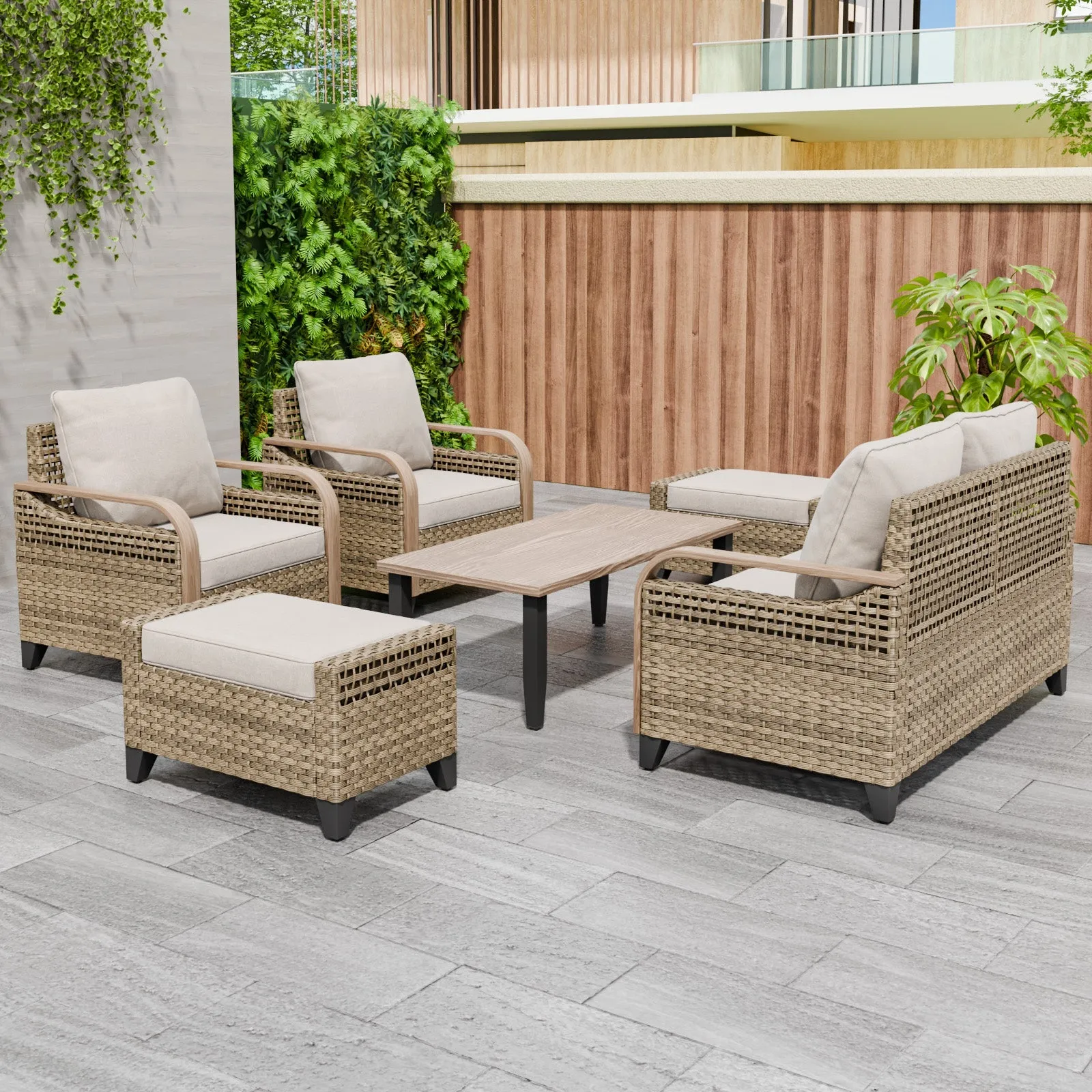 Modern Wicker Outdoor Furniture Set, 2 Patio Chairs, 2-Seat Loveseat, 2 Ottomans and Coffee Table, 6 Pieces, Brown/Gray