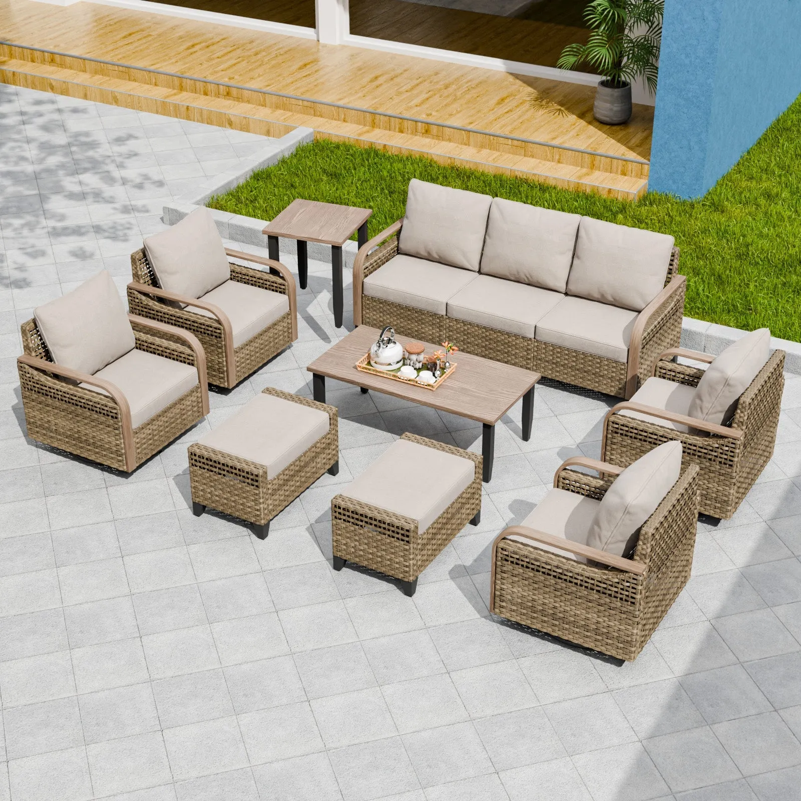 Modern Wicker Outdoor Furniture Set,4 Swivel Rocker Chairs, 3-Seat Loveseat, 2 Ottomans, Coffee Table and Side Table, 9 Pieces, Brown/Gray