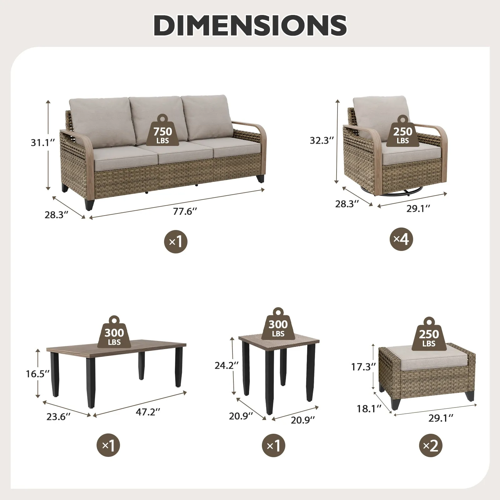 Modern Wicker Outdoor Furniture Set,4 Swivel Rocker Chairs, 3-Seat Loveseat, 2 Ottomans, Coffee Table and Side Table, 9 Pieces, Brown/Gray