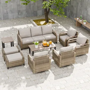 Modern Wicker Outdoor Furniture Set,4 Swivel Rocker Chairs, 3-Seat Loveseat, 2 Ottomans, Coffee Table and Side Table, 9 Pieces, Brown/Gray