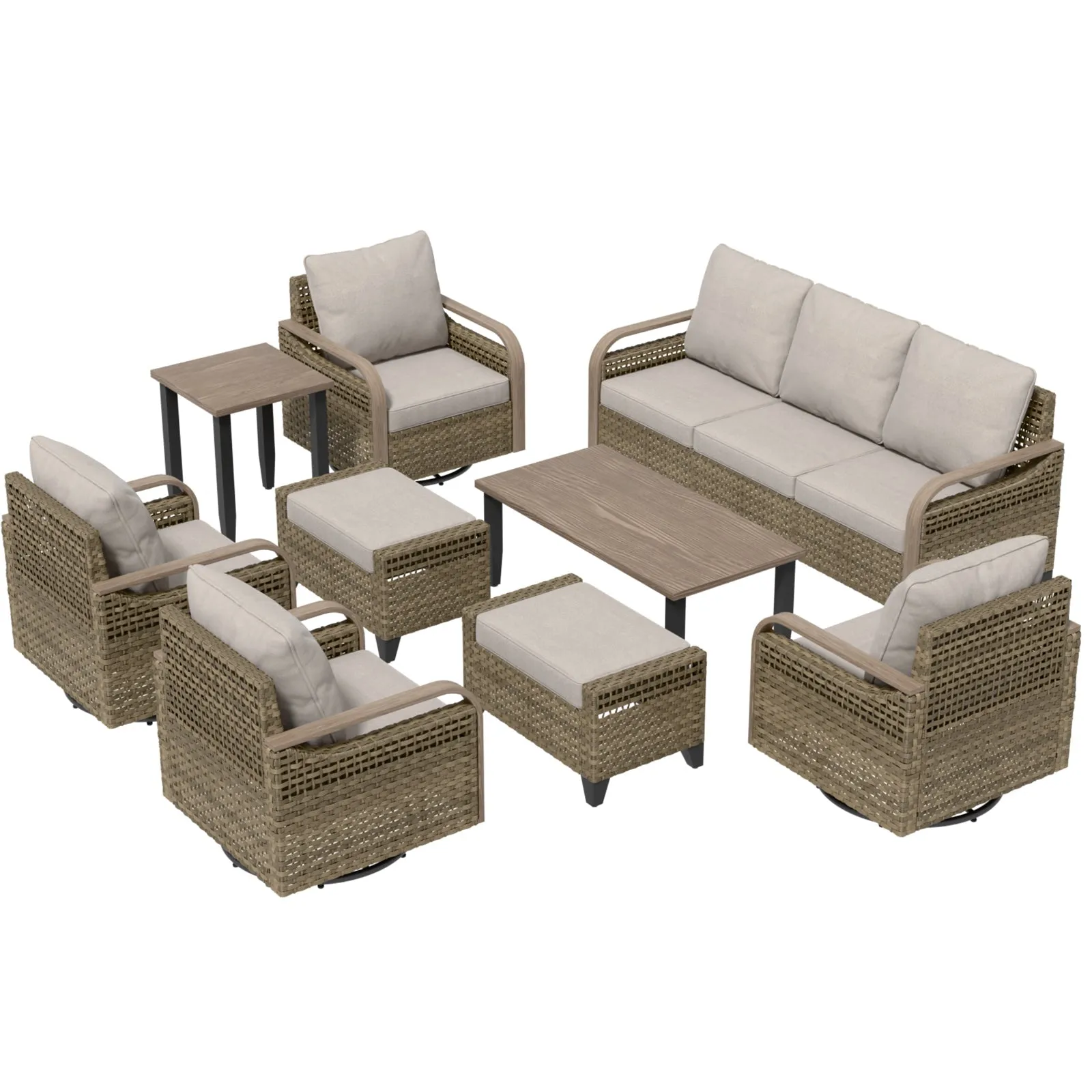 Modern Wicker Outdoor Furniture Set,4 Swivel Rocker Chairs, 3-Seat Loveseat, 2 Ottomans, Coffee Table and Side Table, 9 Pieces, Brown/Gray
