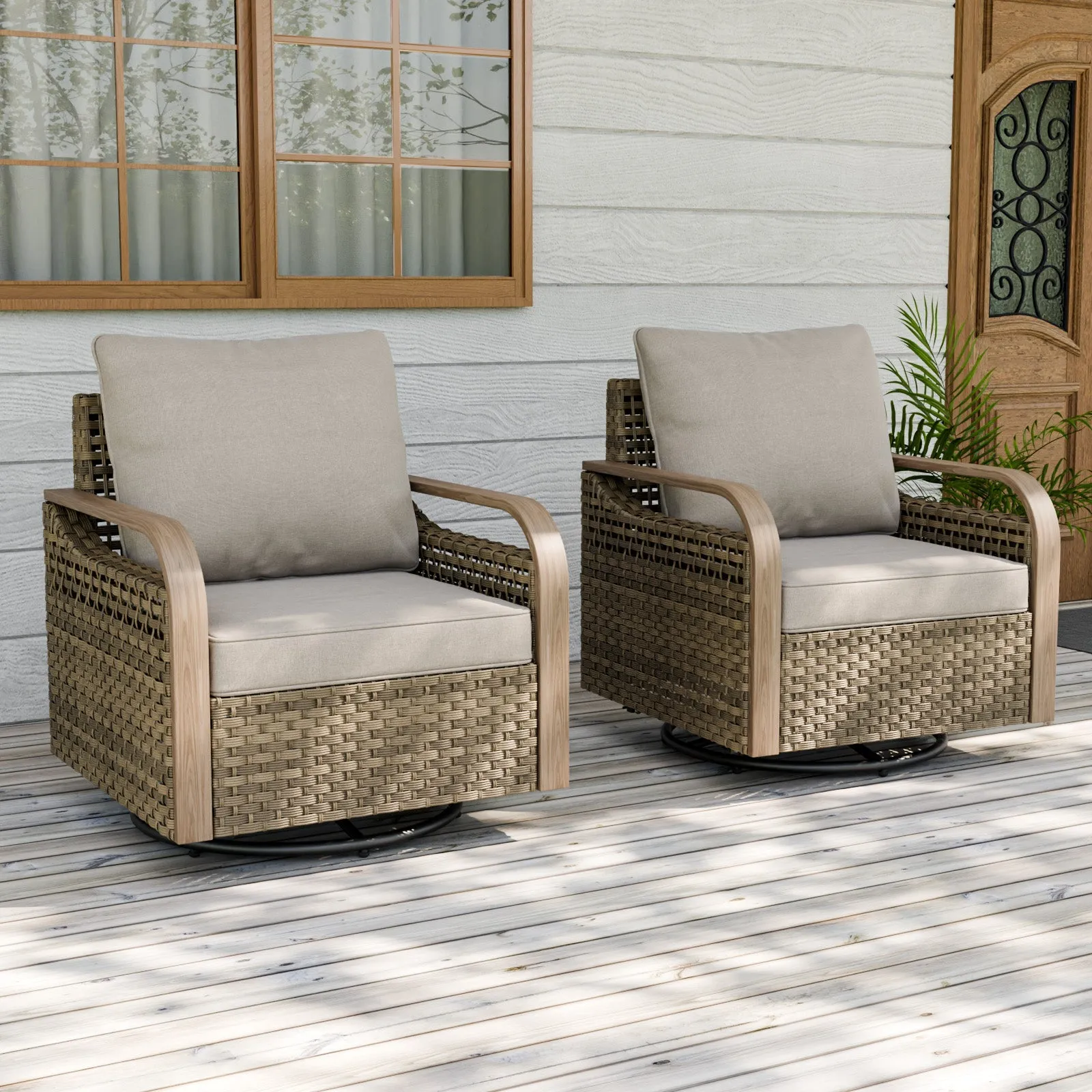Modern Wicker Outdoor Glider Rocking Chair,2 Chairs, Brown/Gray