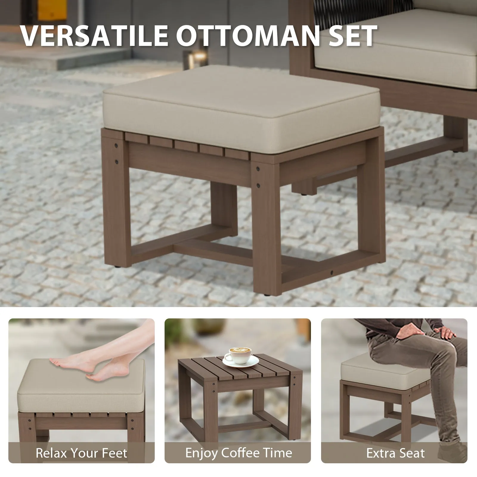 Natural Wood Outdoor Patio Furniture, Sofa 2 Patio Chairs 2 Ottomans and Coffee Table, 6 pcs