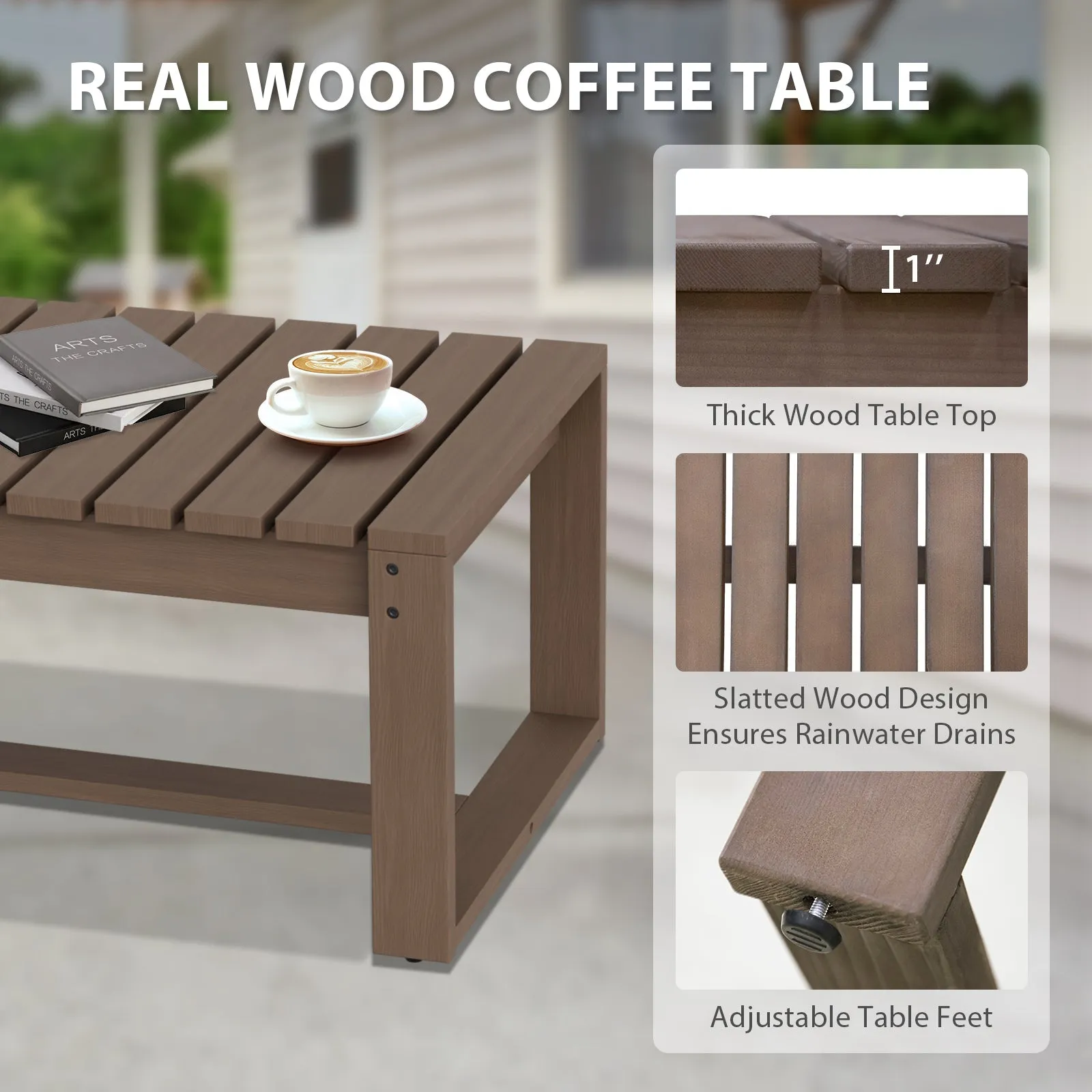 Natural Wood Outdoor Patio Furniture, Sofa 2 Patio Chairs 2 Ottomans and Coffee Table, 6 pcs