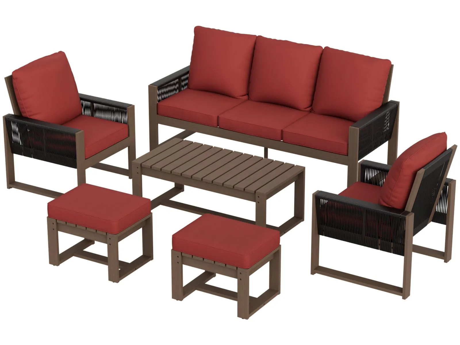 Natural Wood Outdoor Patio Furniture, Sofa 2 Patio Chairs 2 Ottomans and Coffee Table, 6 pcs