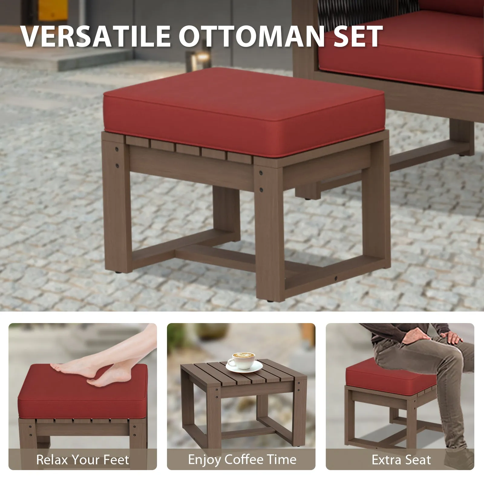 Natural Wood Outdoor Patio Furniture, Sofa 2 Patio Chairs 2 Ottomans and Coffee Table, 6 pcs