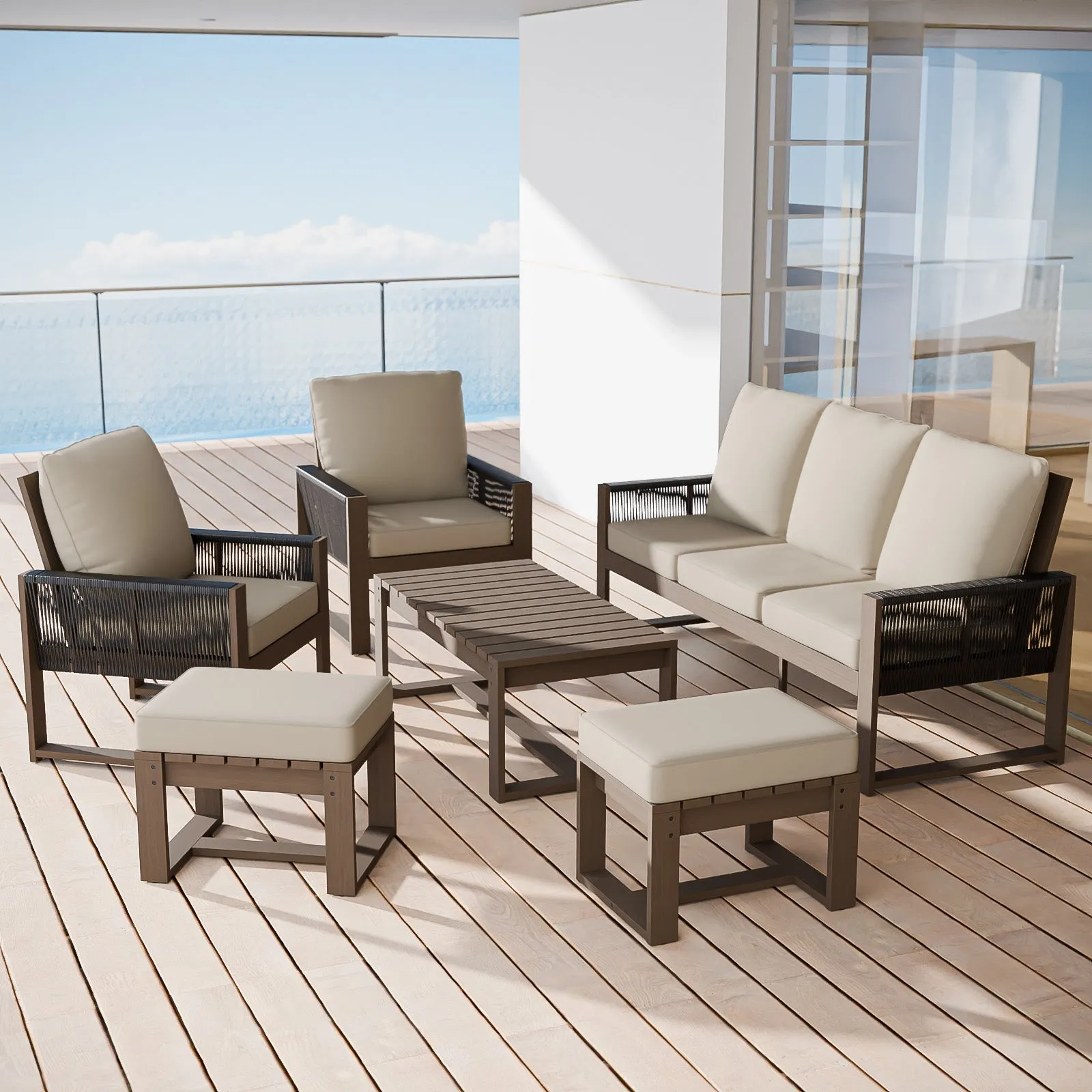 Natural Wood Outdoor Patio Furniture, Sofa 2 Patio Chairs 2 Ottomans and Coffee Table, 6 pcs