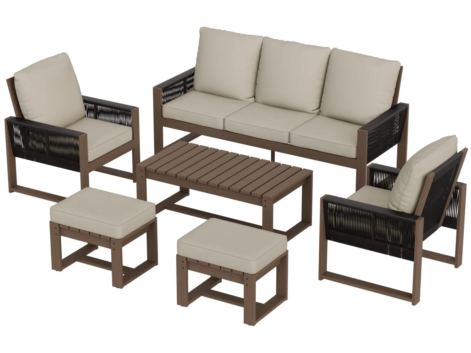 Natural Wood Outdoor Patio Furniture, Sofa 2 Patio Chairs 2 Ottomans and Coffee Table, 6 pcs
