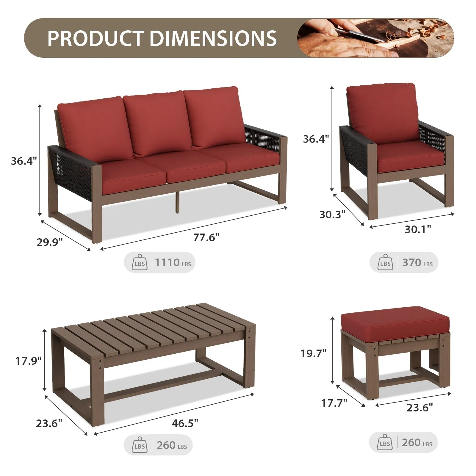Natural Wood Outdoor Patio Furniture, Sofa 2 Patio Chairs 2 Ottomans and Coffee Table, 6 pcs