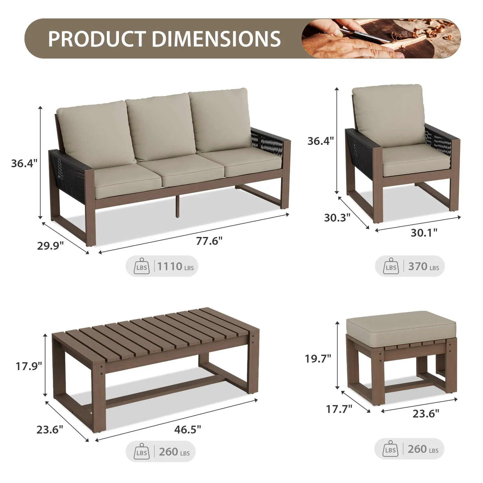 Natural Wood Outdoor Patio Furniture, Sofa 2 Patio Chairs 2 Ottomans and Coffee Table, 6 pcs