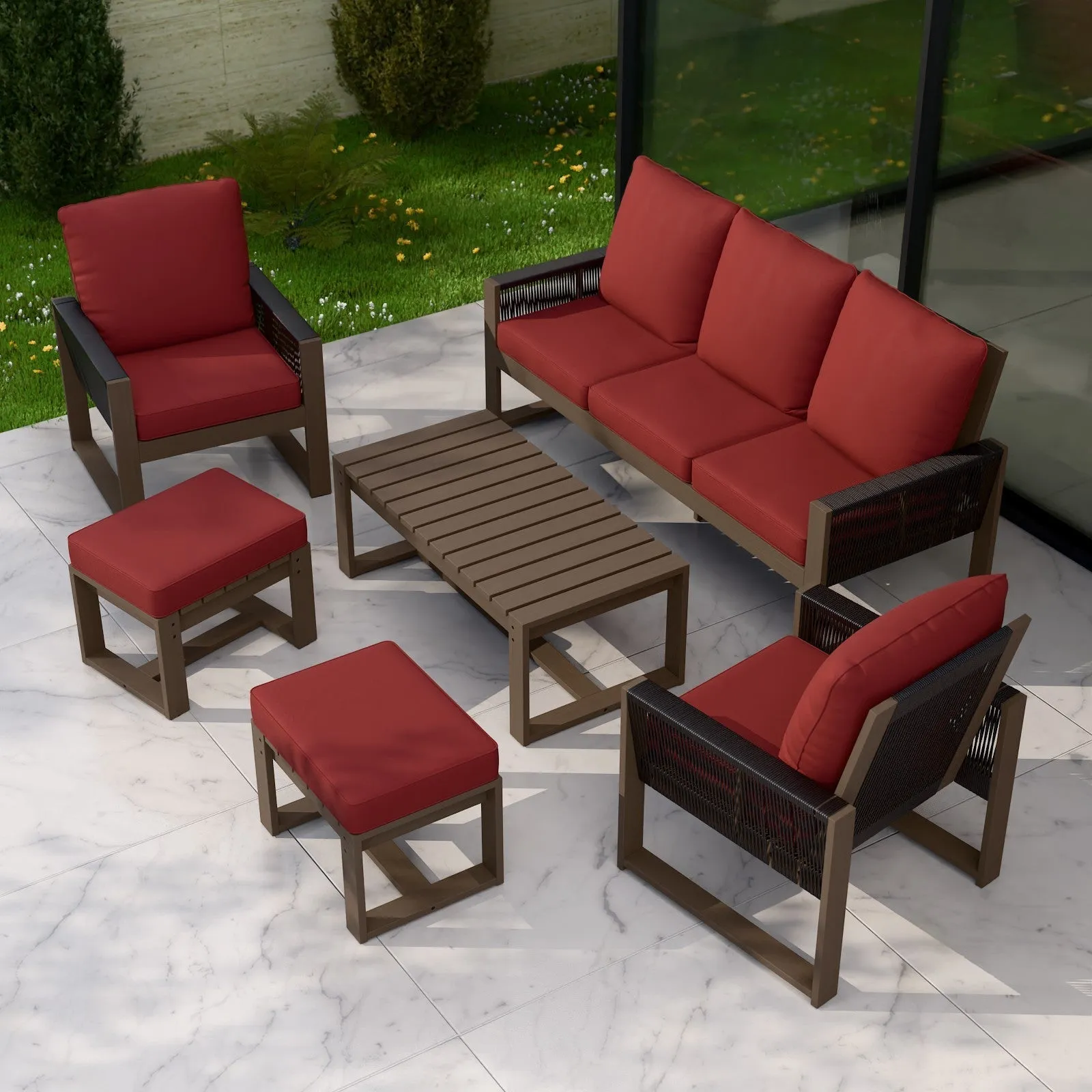 Natural Wood Outdoor Patio Furniture, Sofa 2 Patio Chairs 2 Ottomans and Coffee Table, 6 pcs
