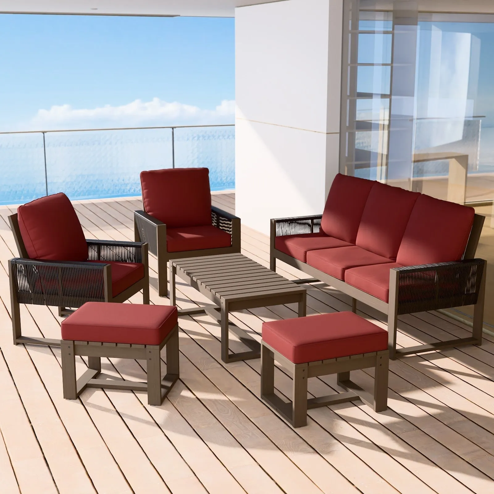 Natural Wood Outdoor Patio Furniture, Sofa 2 Patio Chairs 2 Ottomans and Coffee Table, 6 pcs